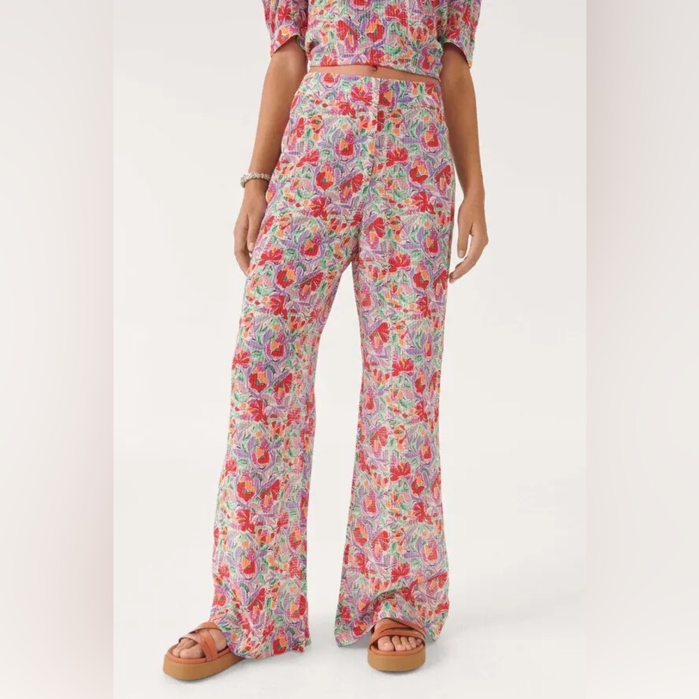 BA&SH Abo Floral Print Ecru White Multi High Waist Flowy Trouser Pants EUC Sz XS